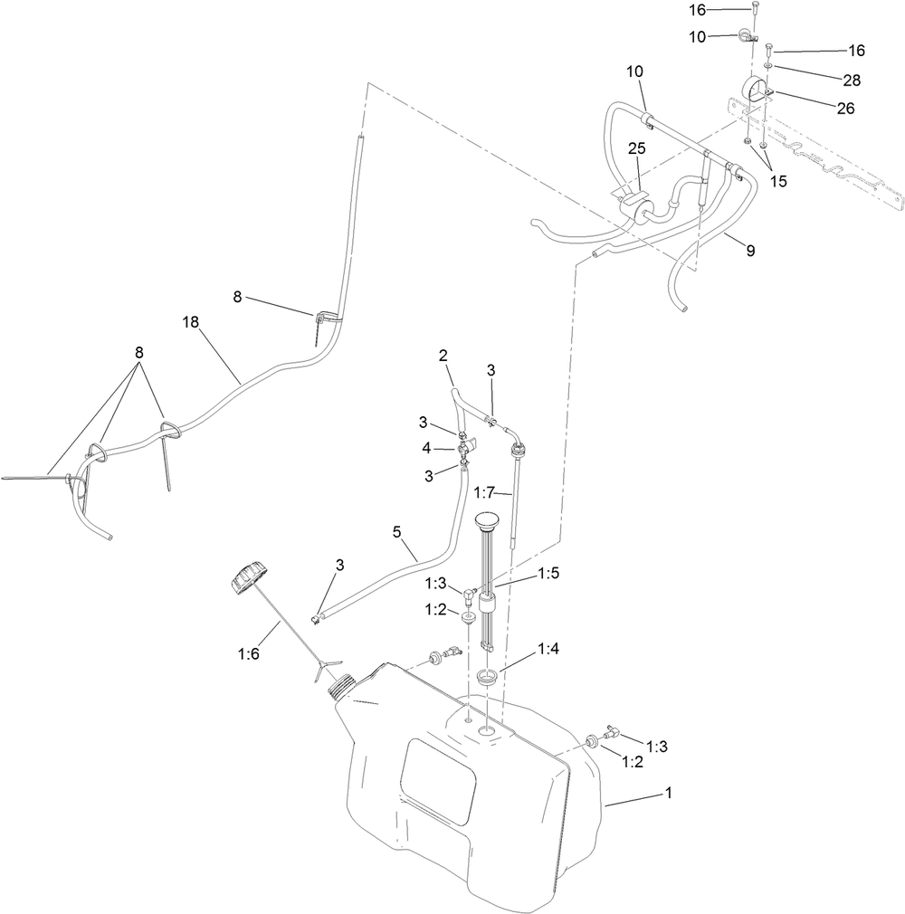 Fuel Tank Assembly Diagram and Parts List for 74534TE (314000001-314999999)(2014) Toro Lawn Mower
