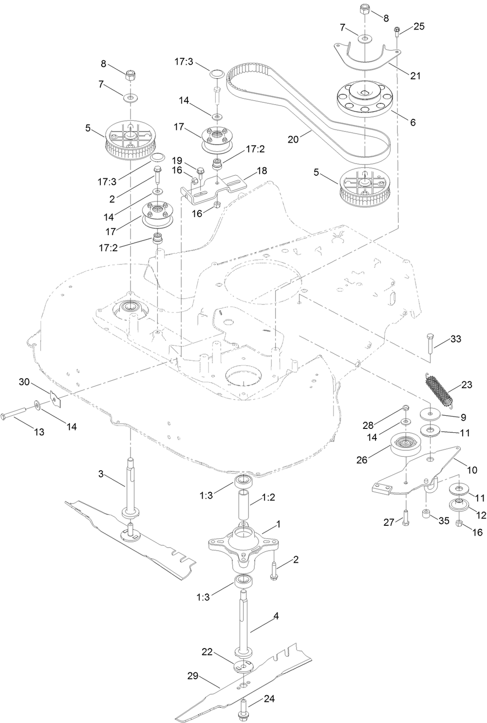 Spindle And Belt Assembly Diagram and Parts List for 21200 412251183 - 412999999 Toro Lawn Mower