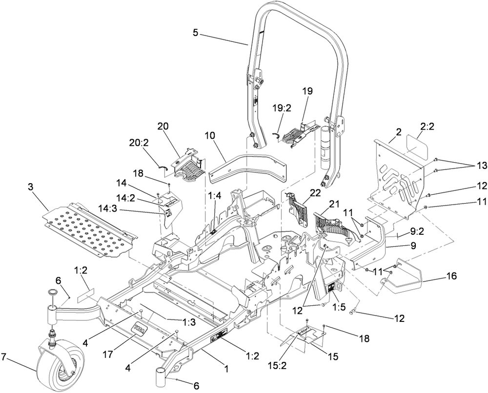Front Frame And Caster Wheel Assembly Diagram and Parts List for 74945CP (290000001-290999999)(2009) Toro Lawn Mower