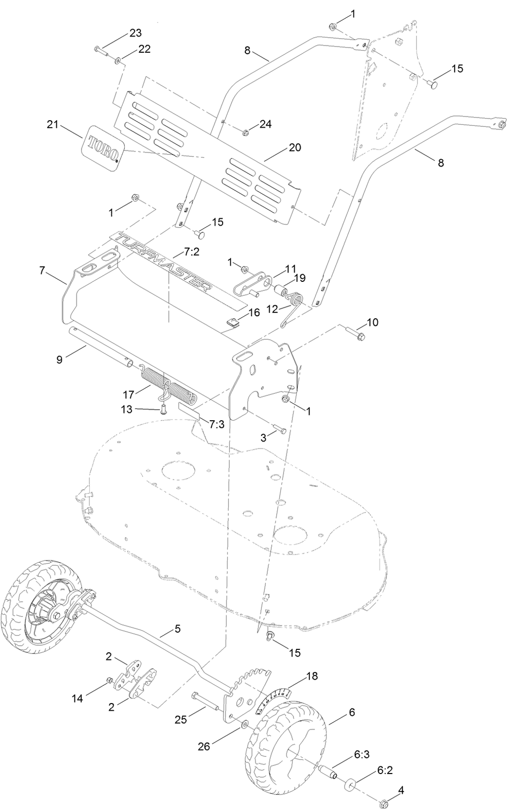 Front Bumper And Wheel Assembly Diagram and Parts List for 22235 400000000 - 412999999 Toro Lawn Mower