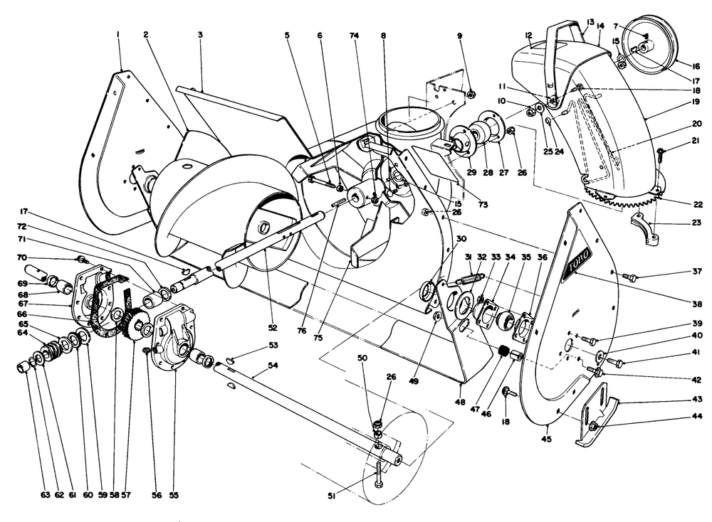 Auger Assembly Diagram and Parts List for 38065 0000001 - 0999999 Toro Snow Blower