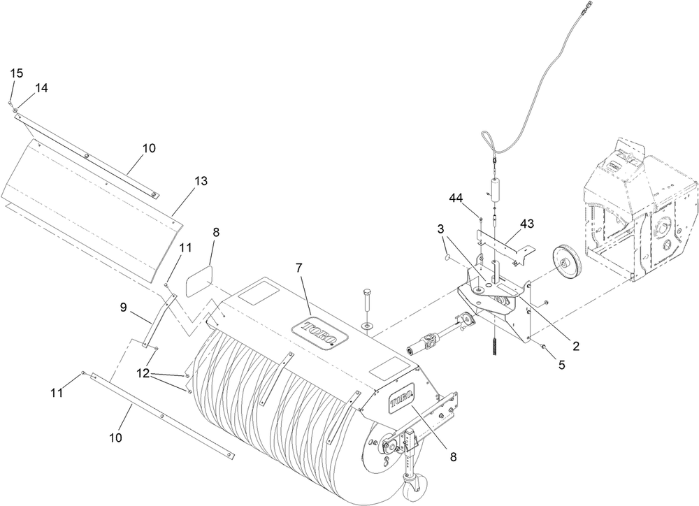 Broom And Deflector Assembly Diagram and Parts List for 38701 411700000 - 999999999 Toro Power Broom