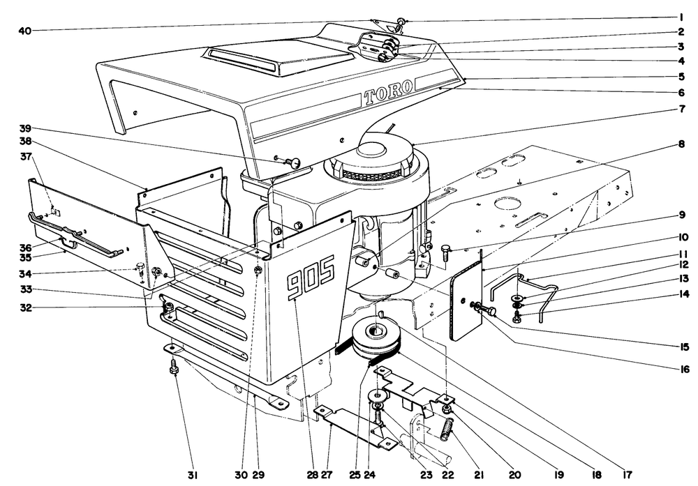 905 And 910 Hood And Engine Assembly Diagram and Parts List for 57051 9000001 - 9999999 Toro Lawn Tractor
