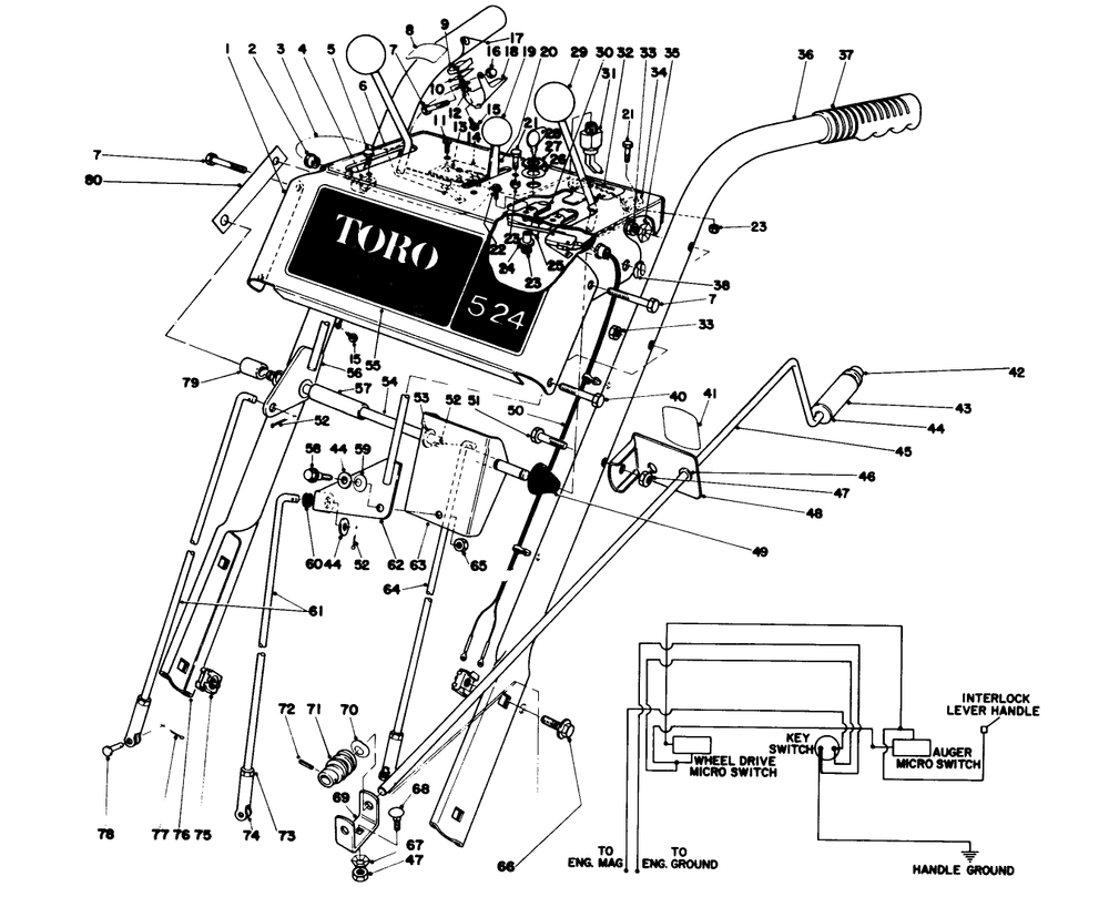 Handle Assembly Diagram and Parts List for 38050 0000001 - 0999999 Toro Snow Blower