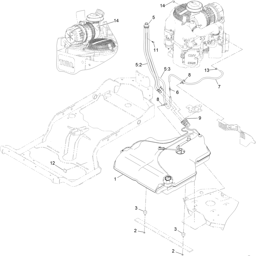 Fuel System Assembly Diagram and Parts List for 72965 414086139 - 999999999 Toro Lawn Tractor