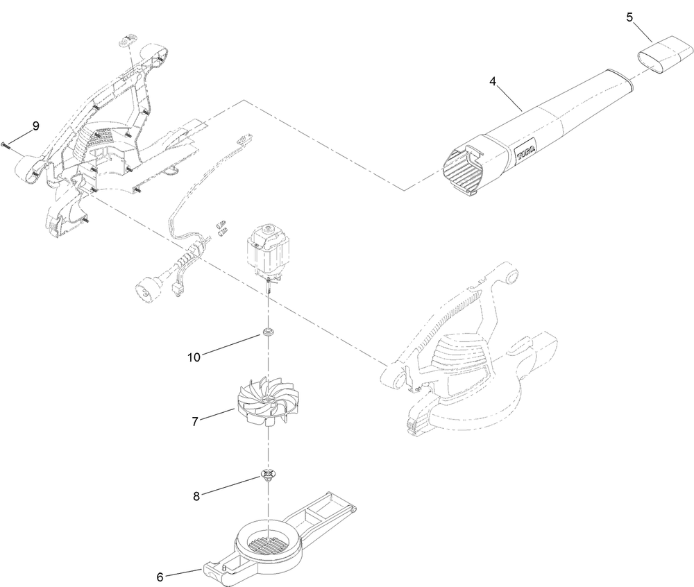 Impeller And Tube Assembly Diagram and Parts List for 51618 317000001 - 317181180 Toro Leaf Blower / Vacuum
