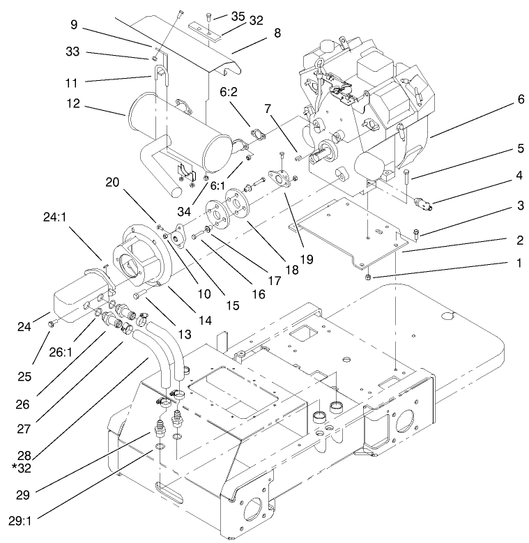 Engine And Pump Assembly Diagram and Parts List for 22305TE 990001 - 999999 Toro Lawn Tractor Accessories