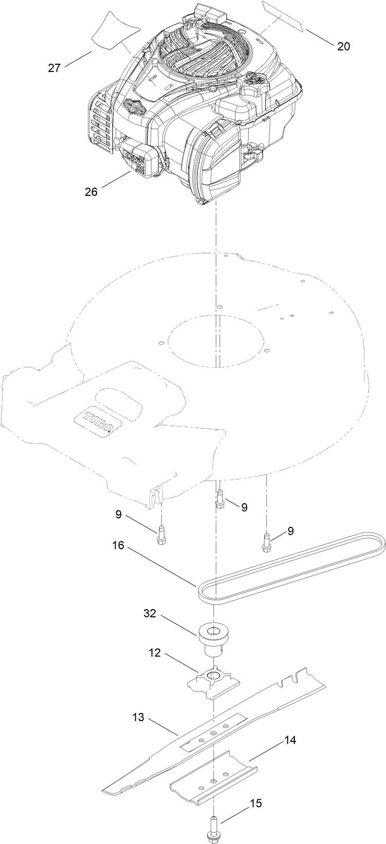 Engine And Blade Assembly Diagram and Parts List for 21321 400000000 - 999999999 Toro Lawn Mower