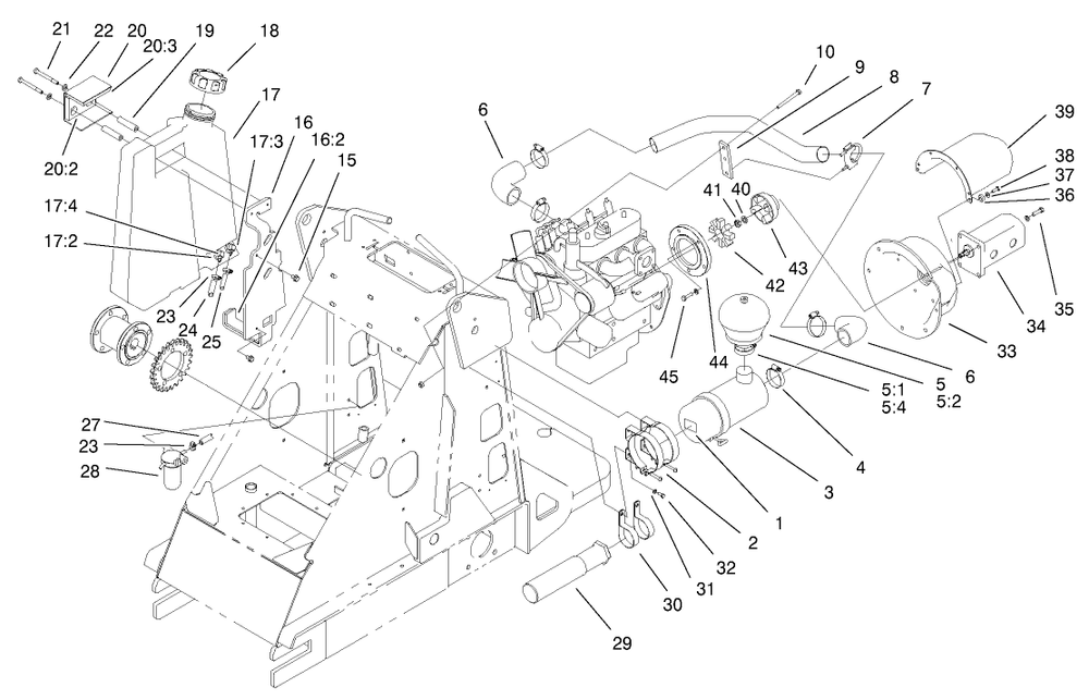 Fuel Tank And Engine Assembly Diagram and Parts List for 22302 990001 - 999999 Toro Lawn Tractor Accessories