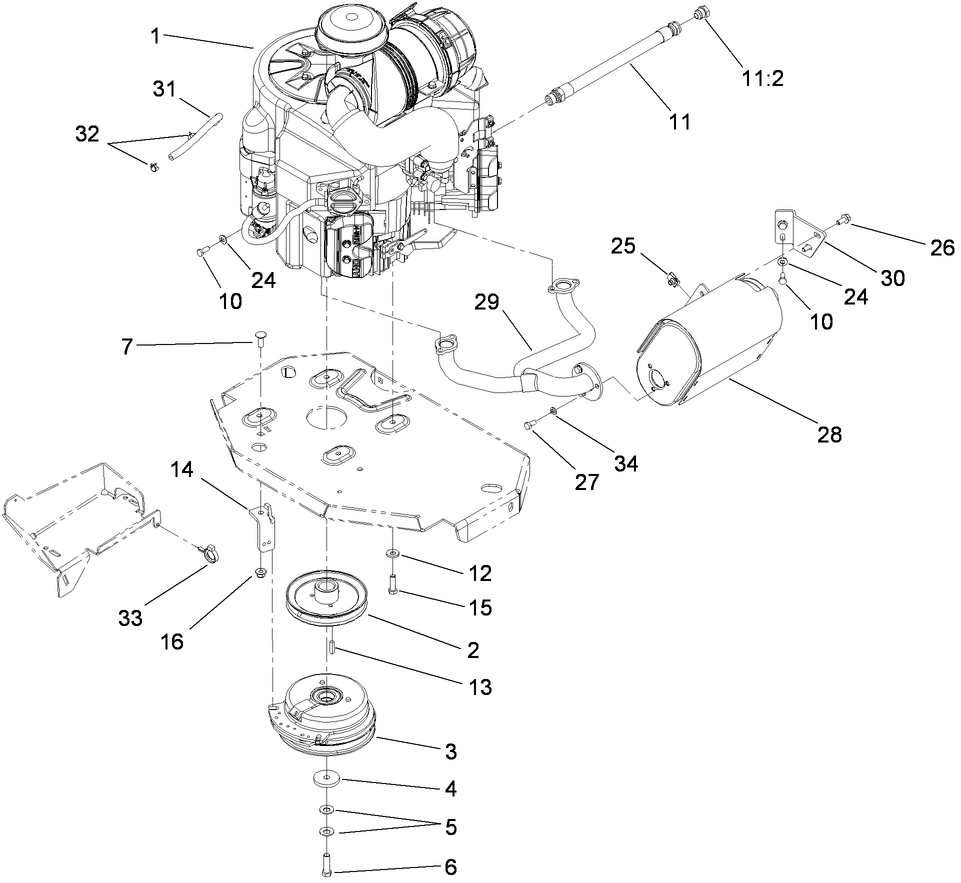 Engine, Muffler And Clutch Assembly Diagram and Parts List for 74945CP (290000001-290999999)(2009) Toro Lawn Mower