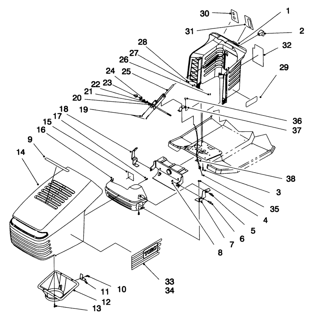 Hood Assembly Diagram and Parts List for 71192 5900001 - 5999999 Toro Lawn Tractor