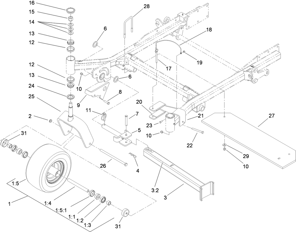 Fork, Caster Wheel And Z Stand Assembly Diagram and Parts List for 74265TE (311000001-311999999)(2011) Toro Lawn Mower