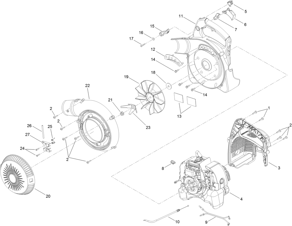 Engine And Housing Assembly Diagram and Parts List for 51986 312000001 - 312999999 Toro Leaf Blower / Vacuum