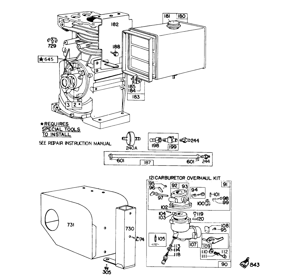 Engine Briggs & Stratton Model No. 190402 Type 0989-01 Diagram and Parts List for 38155 0000001 - 0999999 Toro Snow Blower