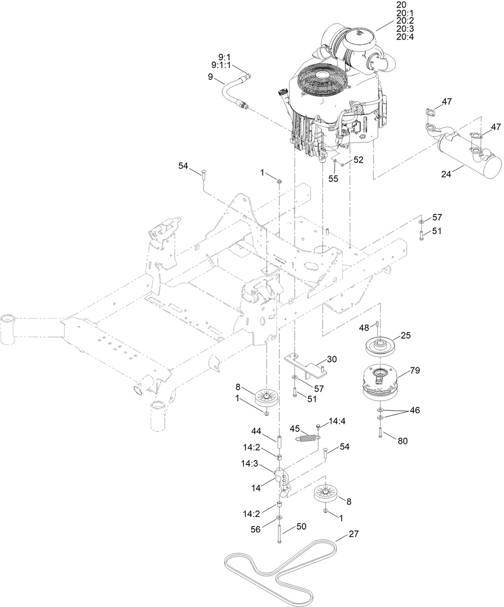 Engine, Clutch And Muffler Assembly Diagram and Parts List for 77292TE 408875659-409999999 Toro Lawn Tractor