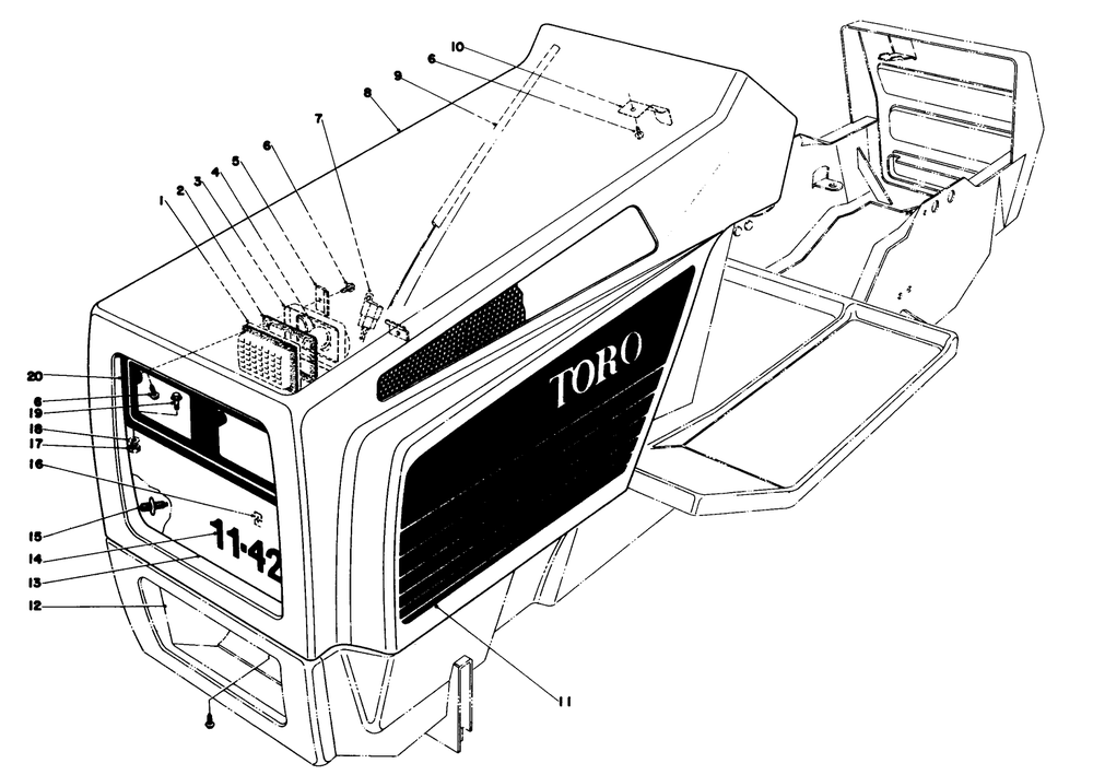 Hood Assembly Diagram and Parts List for 57356 8000001 - 8999999 Toro Lawn Tractor