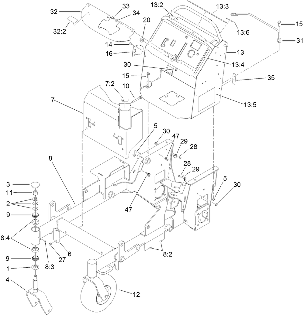 Main Frame Assembly Diagram and Parts List for 74534TE (312000001-312999999)(2012) Toro Lawn Mower