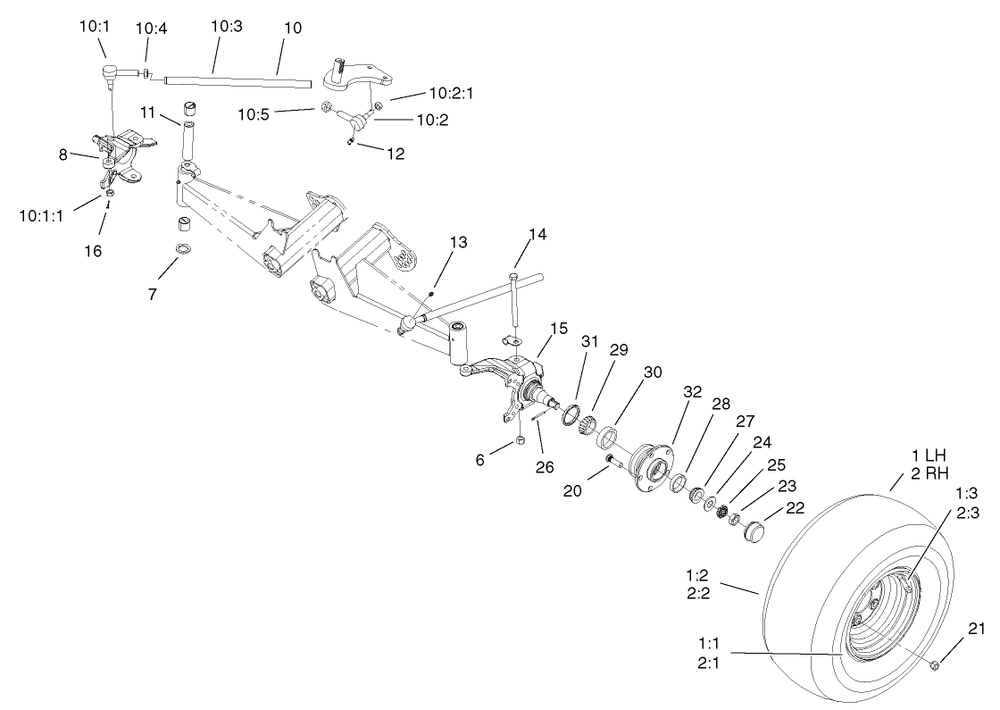 Front Tire And Steering Assembly Diagram and Parts List for 12004 220000001 - 220999999 Toro Lawn Tractor