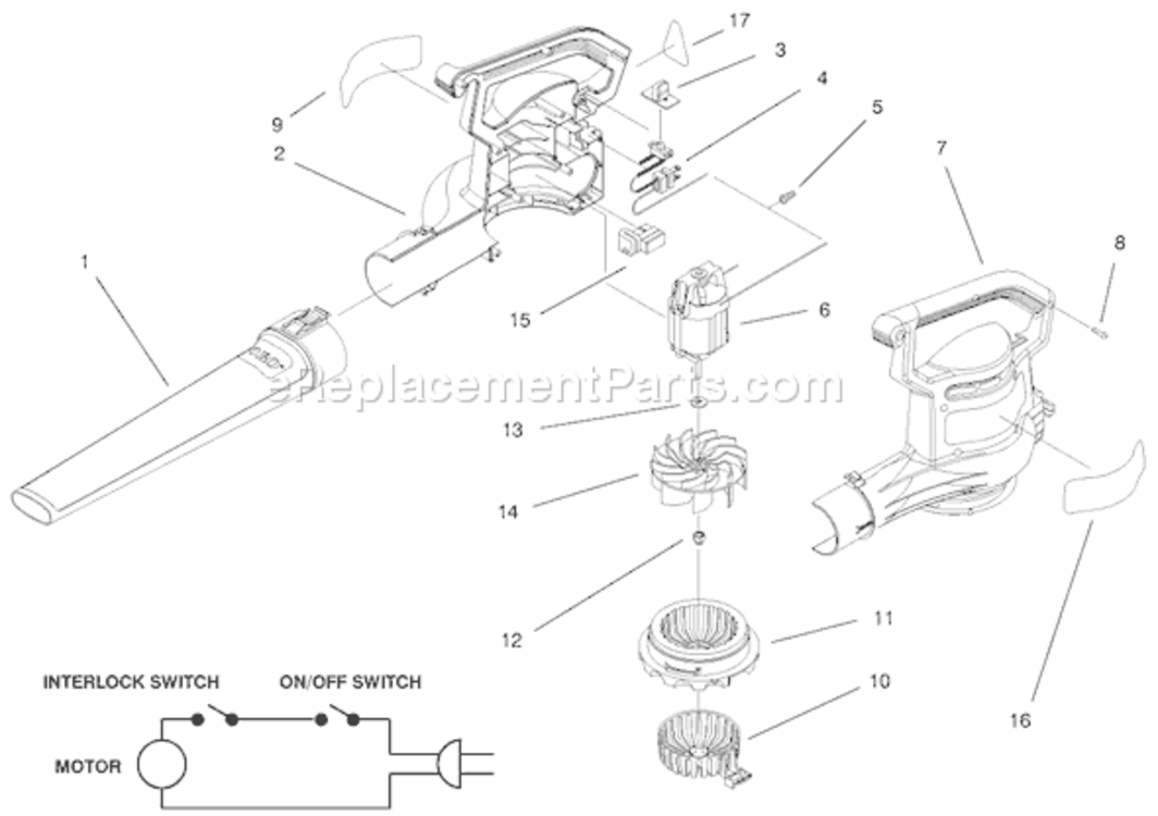 Blower Assembly Diagram and Parts List for 51539 59000001-599999991995 Toro Leaf Blower / Vacuum