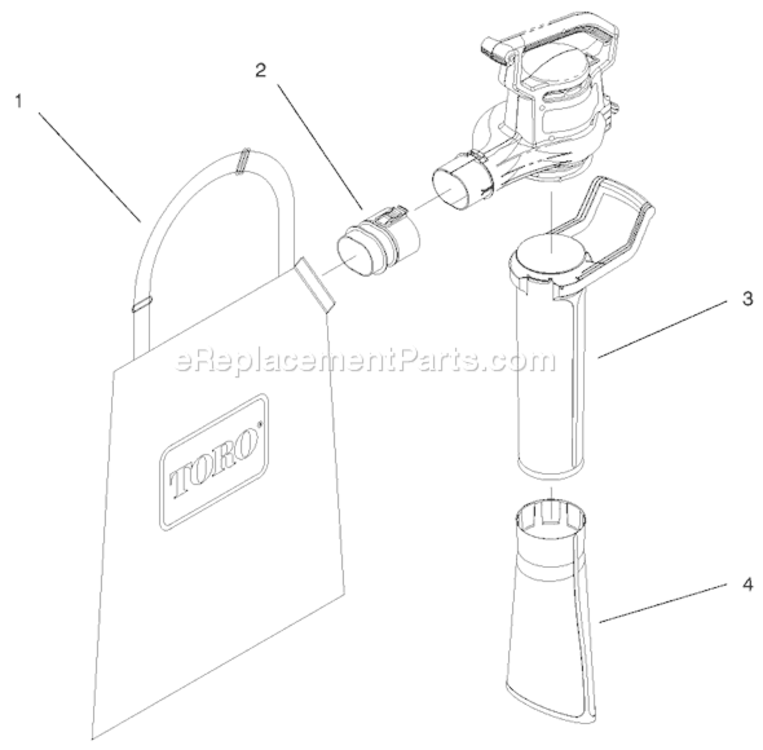 Vacuum Tube & Bag Assembly Diagram and Parts List for 51549 69000001-699999991996 Toro Leaf Blower / Vacuum