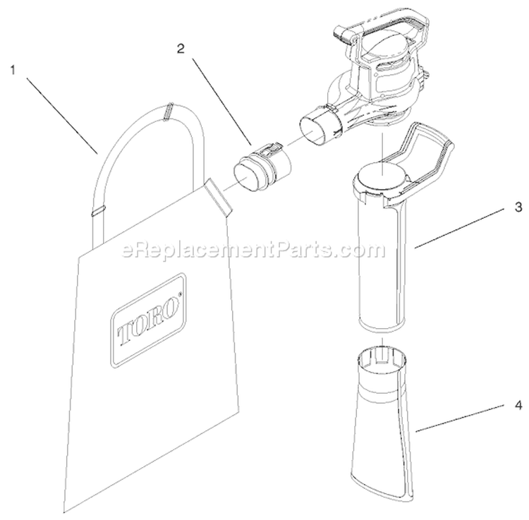 Vacuum Tube & Bag Assembly Diagram and Parts List for 51549 99000001-991000001999 Toro Leaf Blower / Vacuum