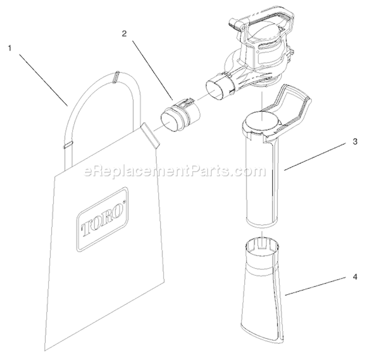 Vacuum Tube & Bag Assembly Diagram and Parts List for 51549 99100001-999999991999 Toro Leaf Blower / Vacuum