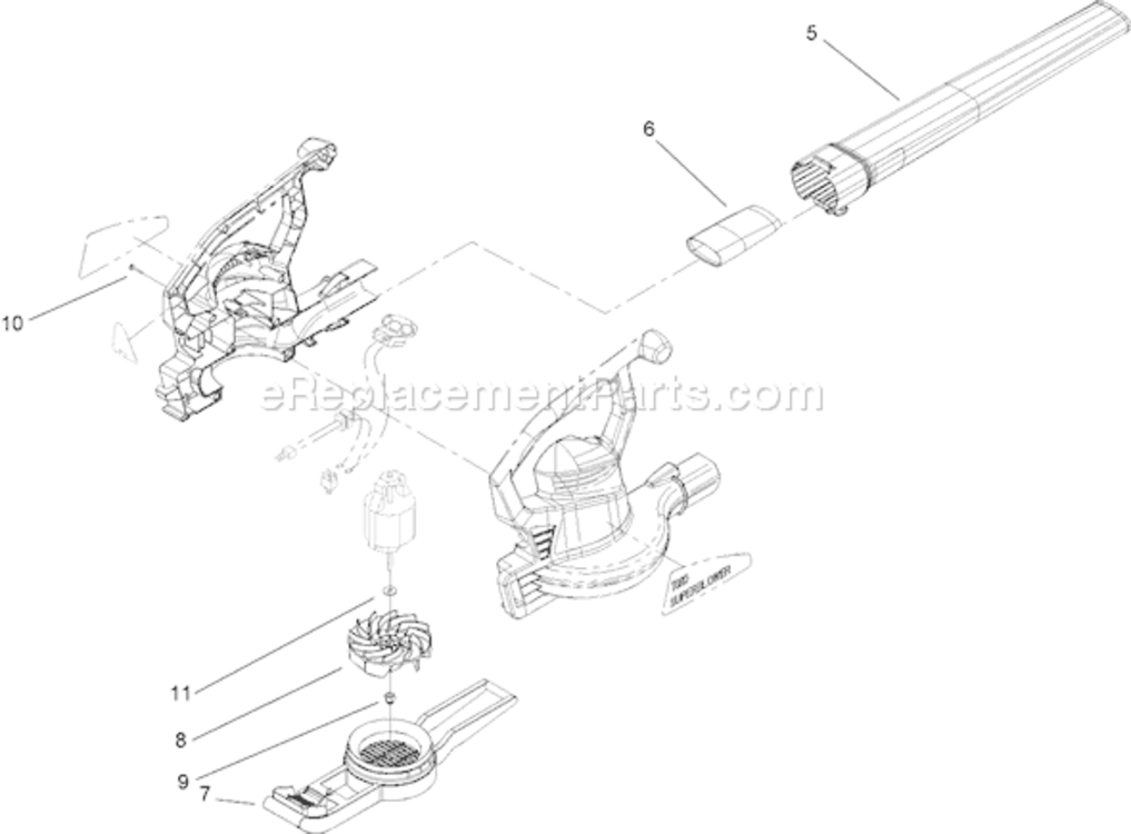 Blower and Tube Assembly Diagram and Parts List for 51552 260000001-2609999992006 Toro Leaf Blower / Vacuum