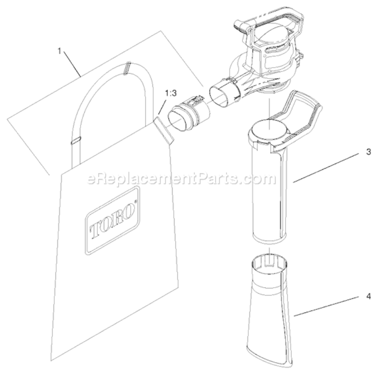 Vacuum Tube & Bag Assembly Diagram and Parts List for 51553 200000001-2009999992000 Toro Leaf Blower / Vacuum