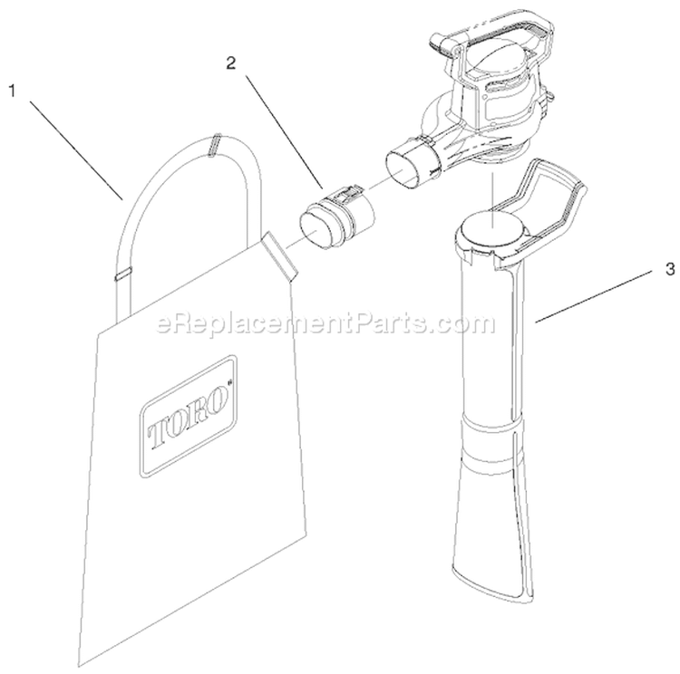 Vacuum Tube And Bag Assembly Diagram and Parts List for 51557 69000001-69999999 - 1996 Toro Leaf Blower / Vacuum
