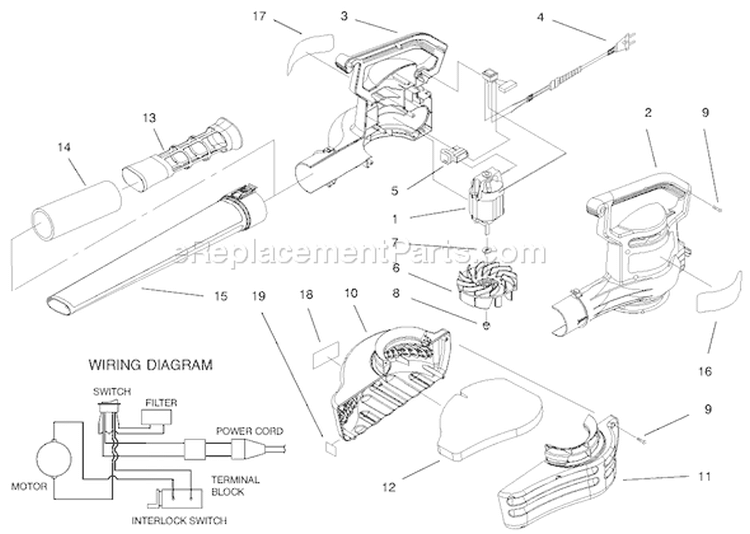 Blowervac Assembly Diagram and Parts List for 51568 99100001-999999991999 Toro Leaf Blower / Vacuum