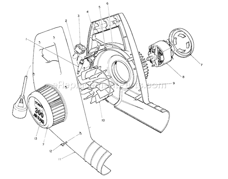 Blower Housing & Motor Assembly Diagram and Parts List for 51580 1000001-1999999 - 1991 Toro Leaf Blower / Vacuum