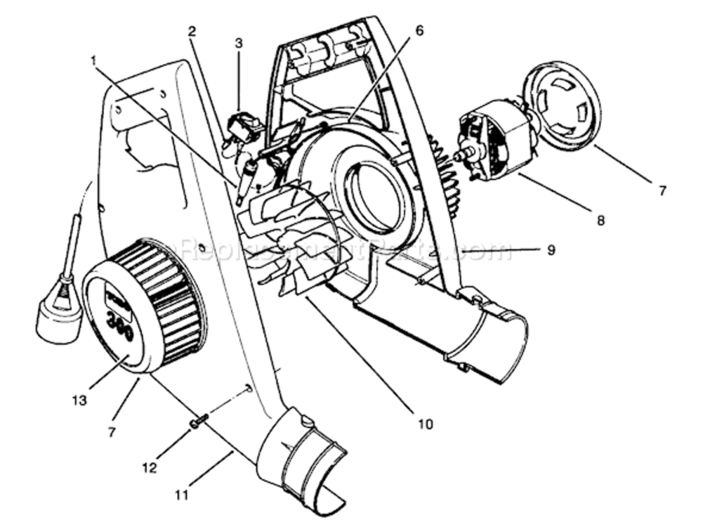 Blower Housing & Motor Assembly Diagram and Parts List for 51580 49000001-499999991994 Toro Leaf Blower / Vacuum