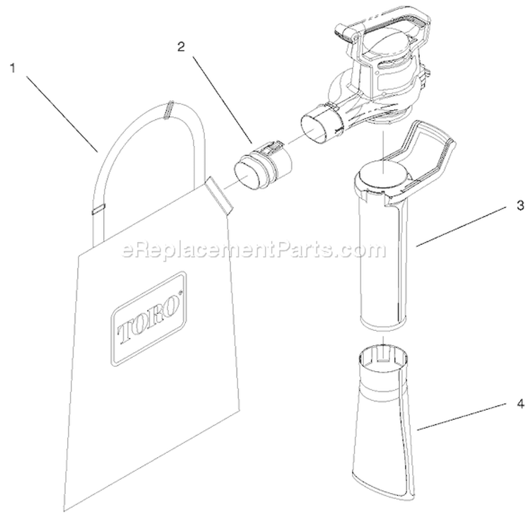 Vacuum Tube & Bag Assembly Diagram and Parts List for 51583 790000001-7999999991997 Toro Leaf Blower / Vacuum