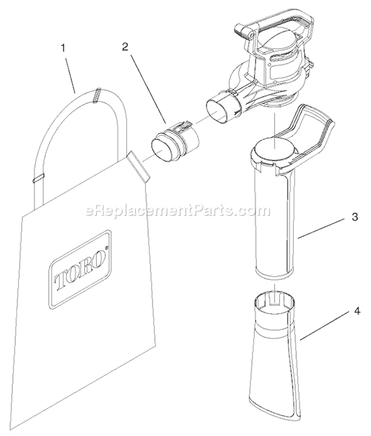 Tube And Bag Assembly Diagram and Parts List for 51589 99000001-99100000 - 1999 Toro Leaf Blower / Vacuum