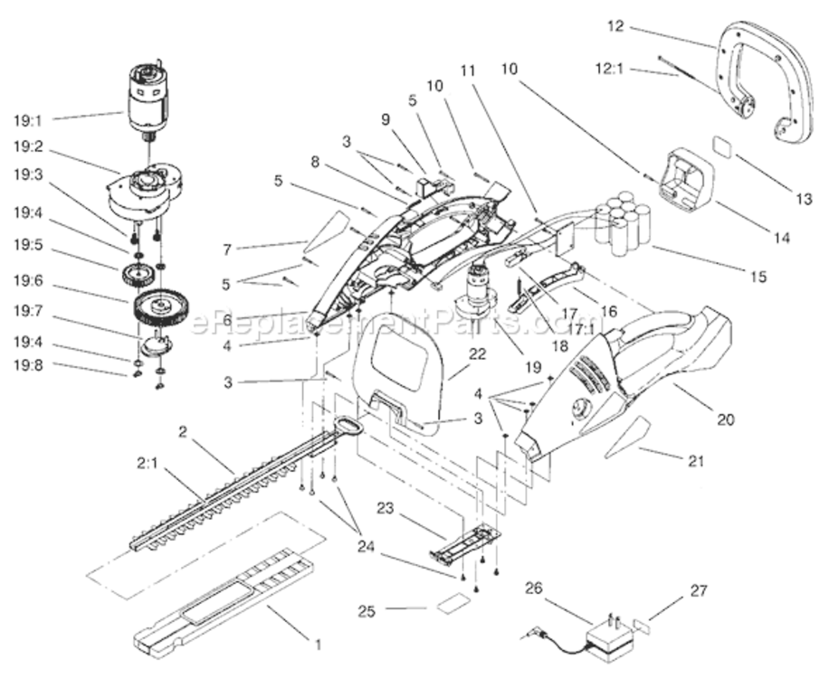 Hedge Trimmer Assembly Diagram and Parts List for 51595 220000001-2209999992002 Toro Trimmer