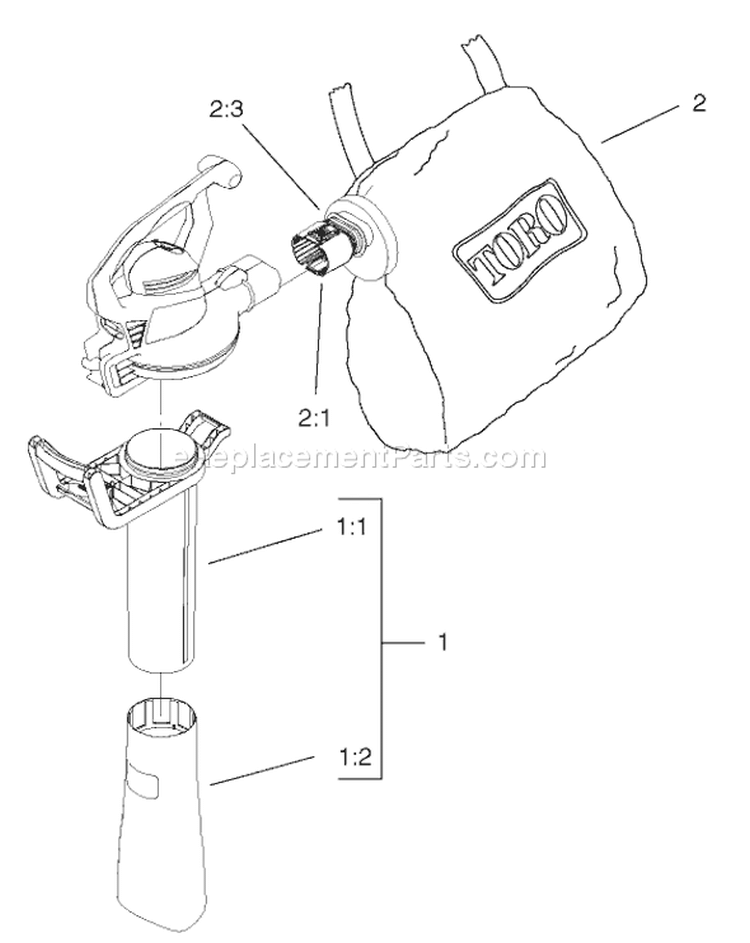 Vacuum Tube and Bag Assembly Diagram and Parts List for 51598 230000001-230999999 - 2003 Toro Leaf Blower / Vacuum