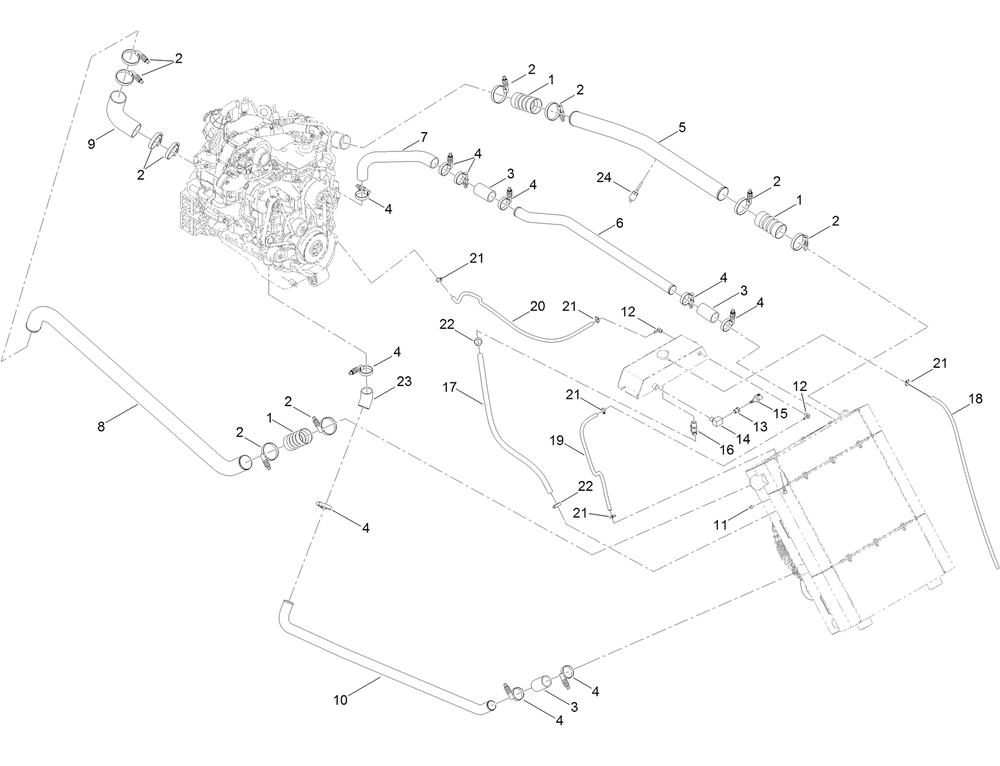 Cooling Package Hose Assembly Diagram and Parts List for 23823W 316000001 - 316999999 Toro Lawn Tractor Accessories