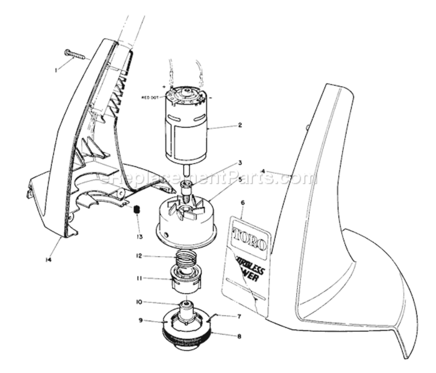 Motor And Housing Assembly Diagram and Parts List for 51770 0000001-09999991990 Toro Trimmer