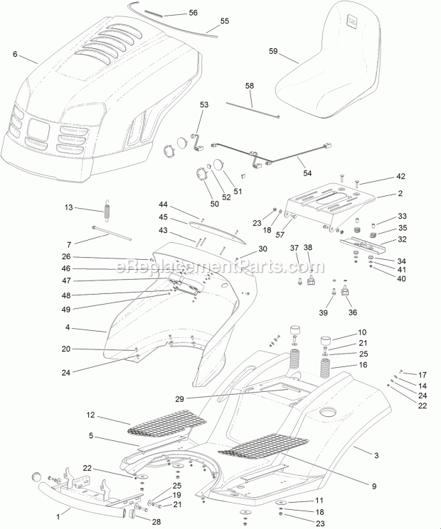 Body And Hood Assembly Diagram and Parts List for 74585 312000001-312999999 Toro Lawn Mower