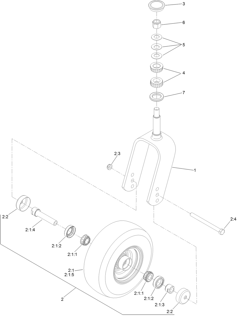 Caster Fork And Wheel Assembly Diagram and Parts List for 72096 406343181-407109999 Toro Lawn Tractor