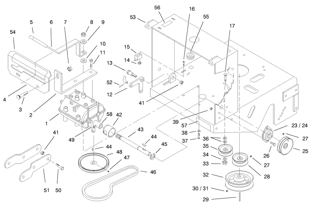 Transmission, Pulleys And Drive Belt Diagram and Parts List for 30196 990201 - 999999 Toro Lawn Mower