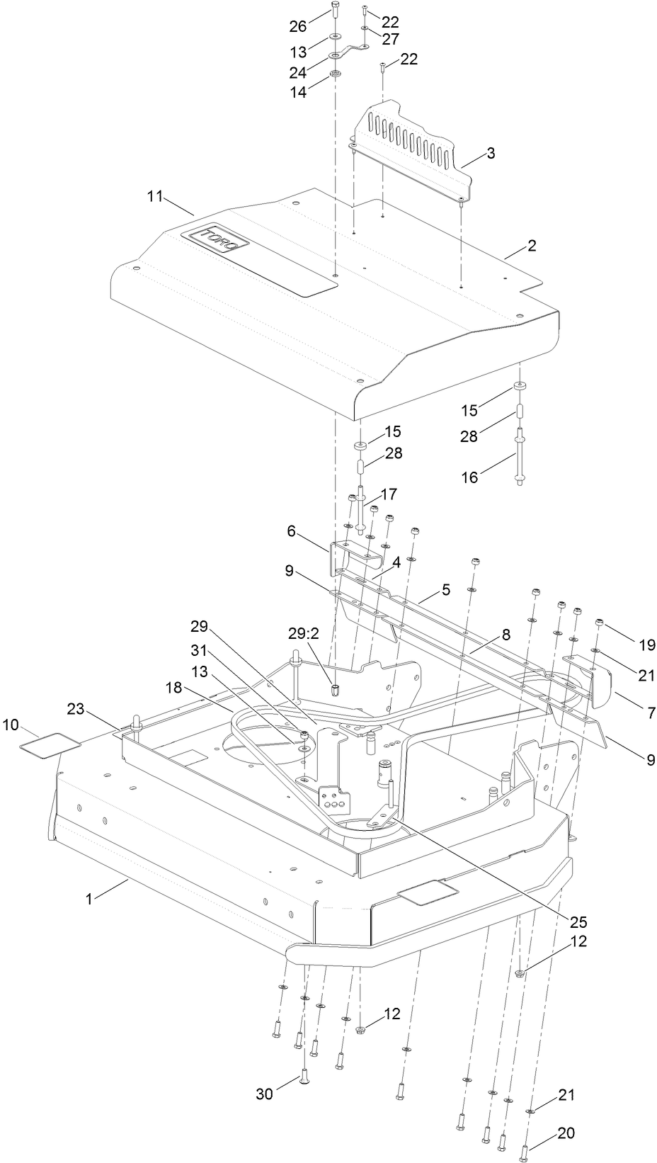 Deck, Cover And Guard Assembly Diagram and Parts List for 2711 316000001 - 316999999 Toro Lawn Tractor Accessories
