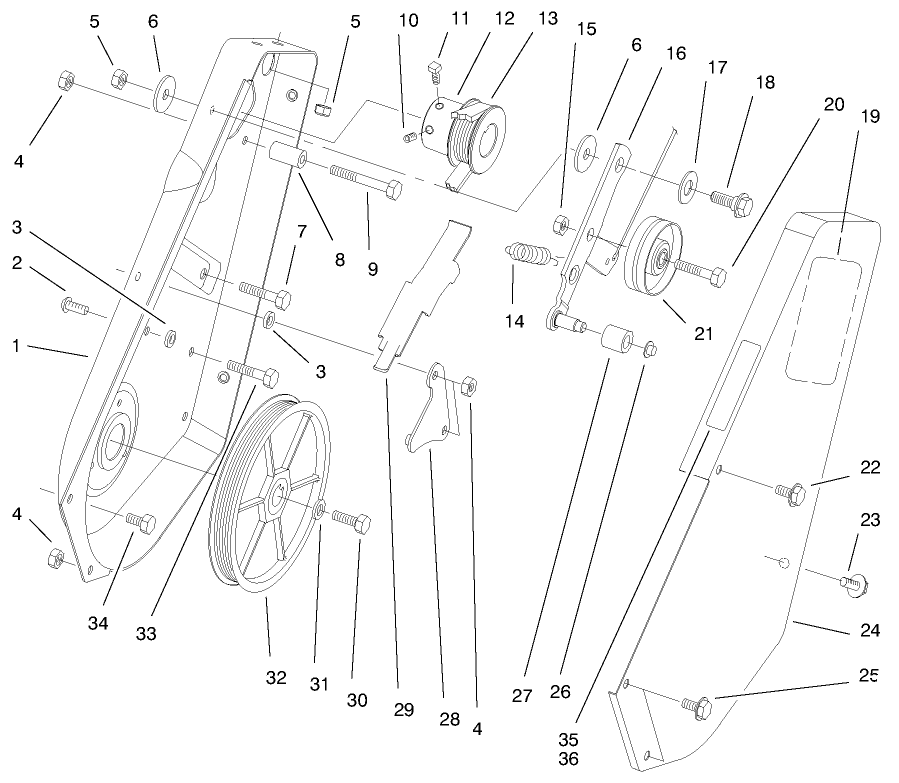 Pulley & Side Plate Assembly Diagram and Parts List for 38431 8900001 - 8999999 Toro Snow Blower