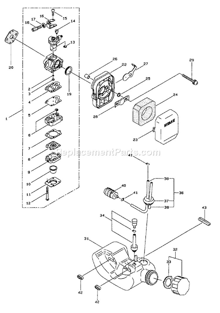 Carburetor And Fuel Assembly Diagram and Parts List for 53011 790001-799999 - 1997 Toro Trimmer