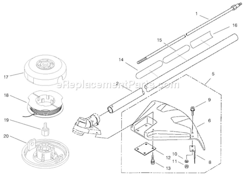 Head, Shaft And Shield Assembly Diagram and Parts List for 53011 895001-8999991998 Toro Trimmer