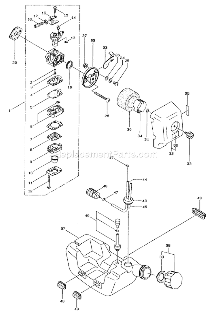 Carburetor And Fuel Assembly Diagram and Parts List for 53020 900001-999999 - 1999 Toro Trimmer