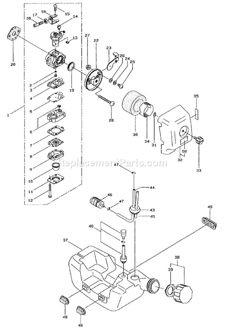 Carburetor And Fuel Assembly Diagram and Parts List for 53021 900001-999999 - 1999 Toro Trimmer