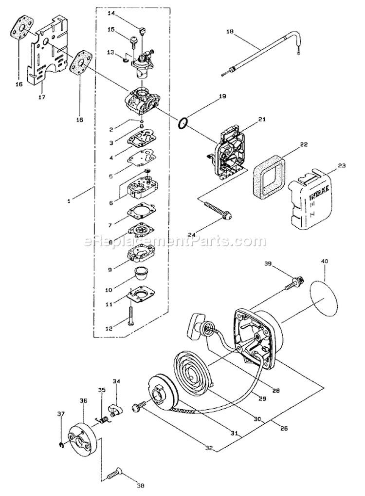 Carburetor And Starter Assembly Diagram and Parts List for 53040 7900001-7999999 - 1997 Toro Trimmer