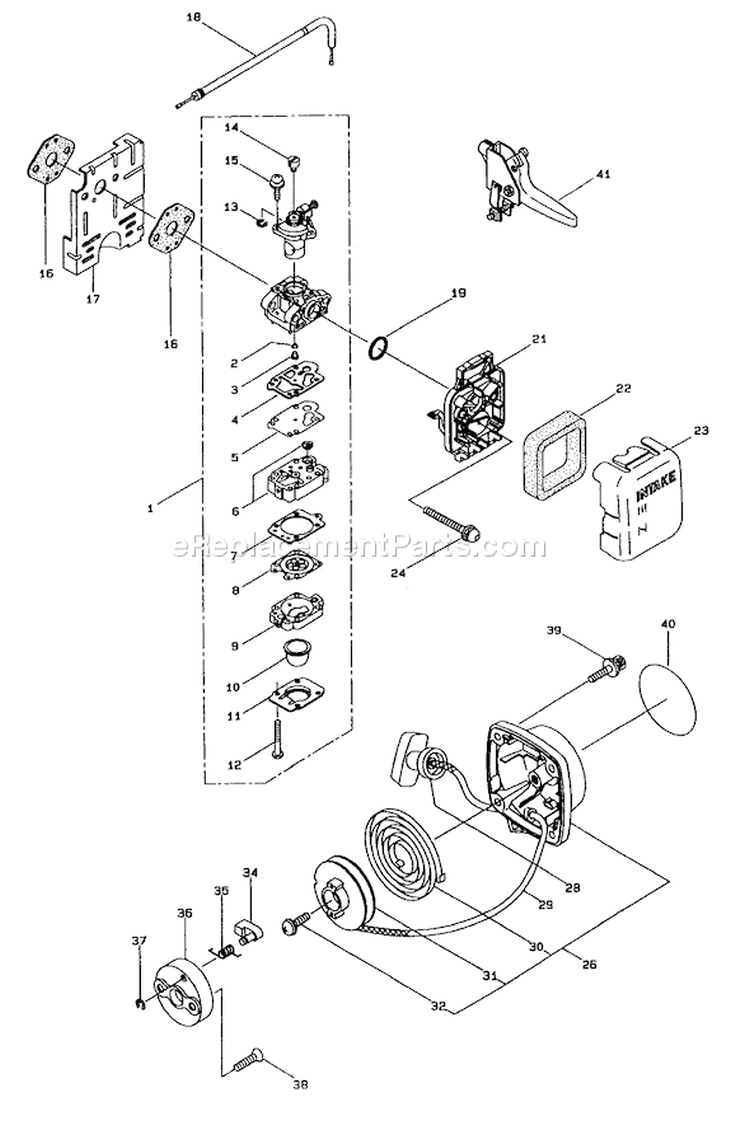 Carburetor And Starter Assembly Diagram and Parts List for 53041 7900001-7999999 - 1997 Toro Trimmer