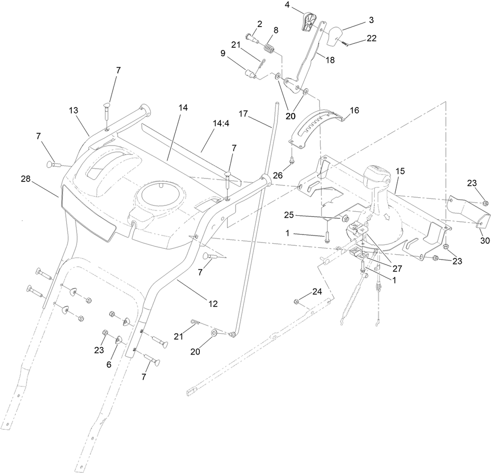 Handle Assembly Diagram and Parts List for 38812 409000000 - 411499999 Toro Snow Blower